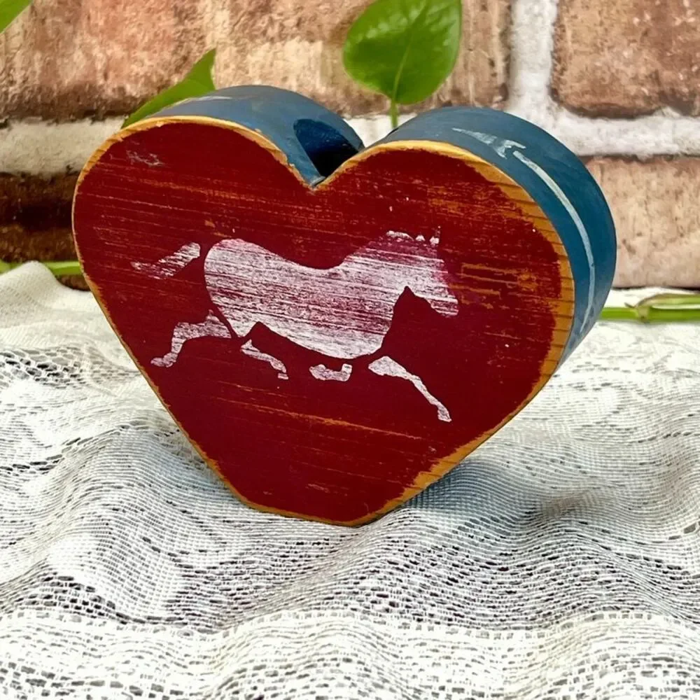 VTG Hand Painted Wood Heart Horse Small Candle Holder Cottage Farmhouse